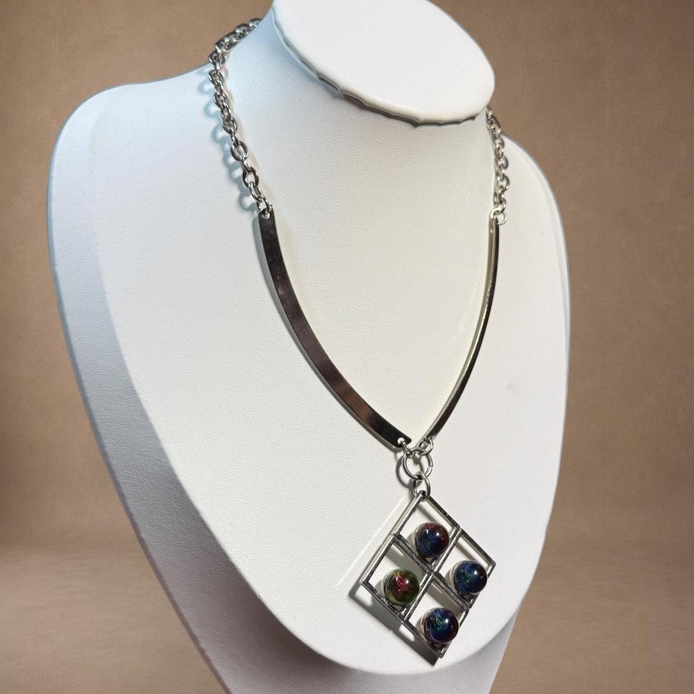 Silver Tone Geometric Iridescent Glass Cabochon Pendant Necklace